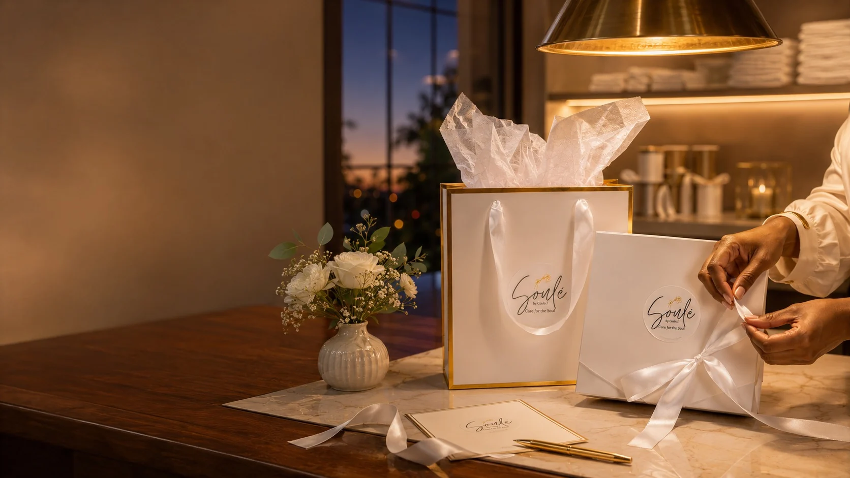 Soulé gift bag and ribboned presentation box being prepared in an elegant evening atelier.