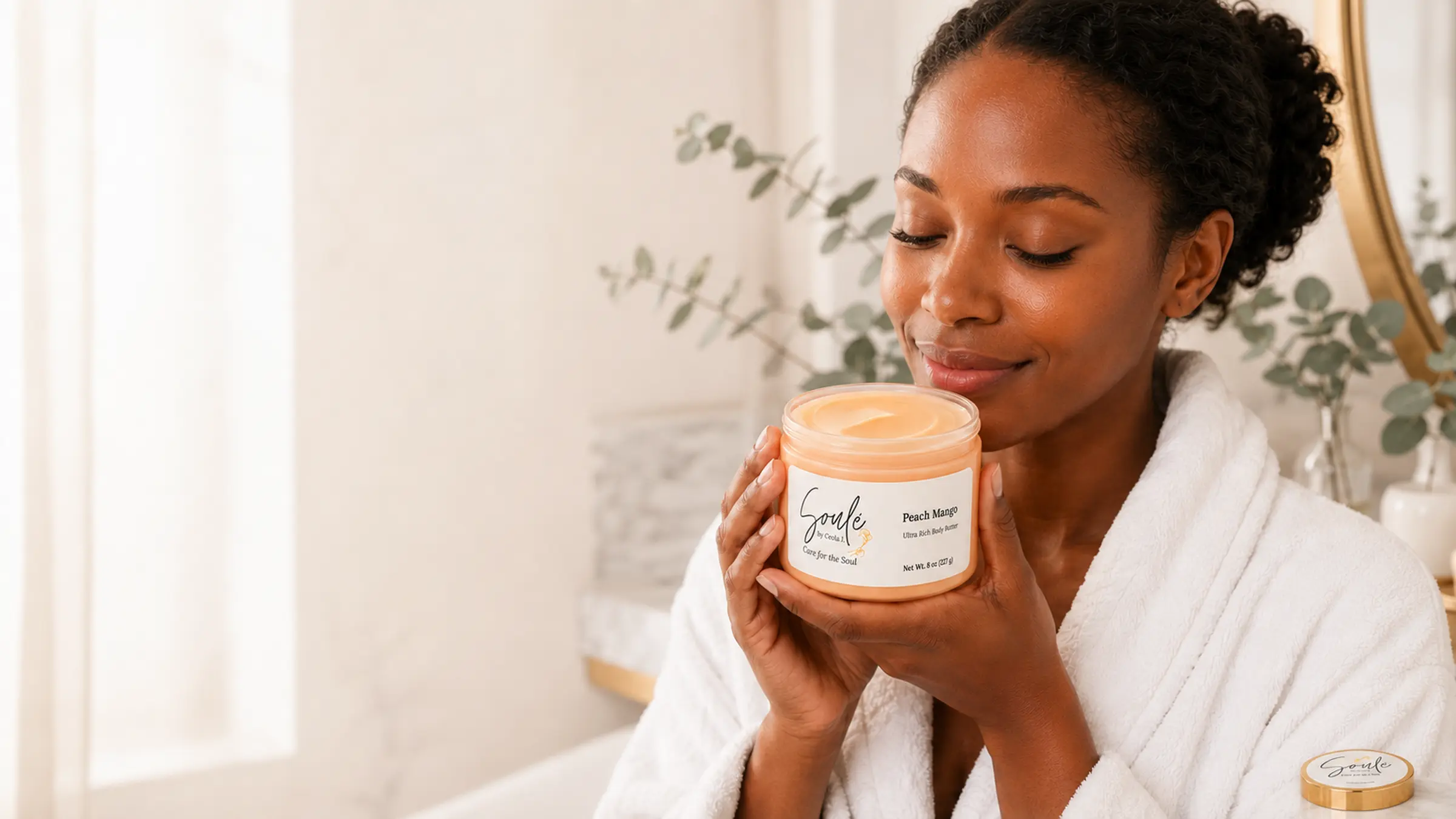 Soulé Peach Mango body butter, open, held by a woman in a spa robe
