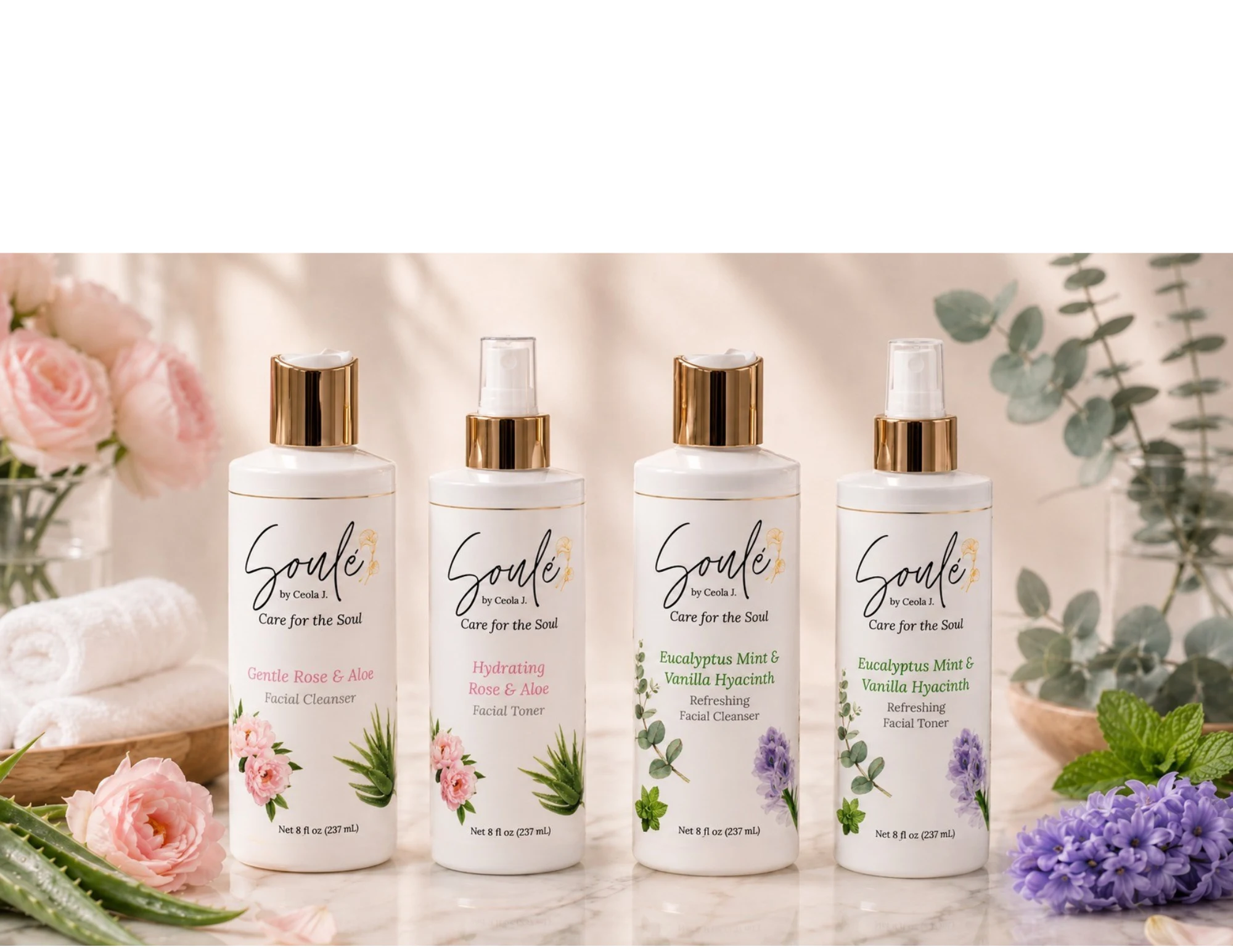 Soulé Facial Care toners and cleansers styled in a home spa bathroom