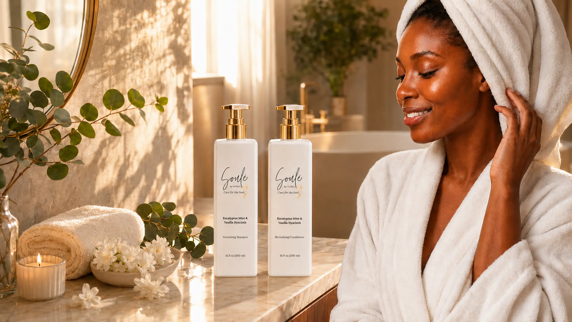 Soulé Nourishing Shampoo and Revitalizing Conditioner styled in a home spa bathroom