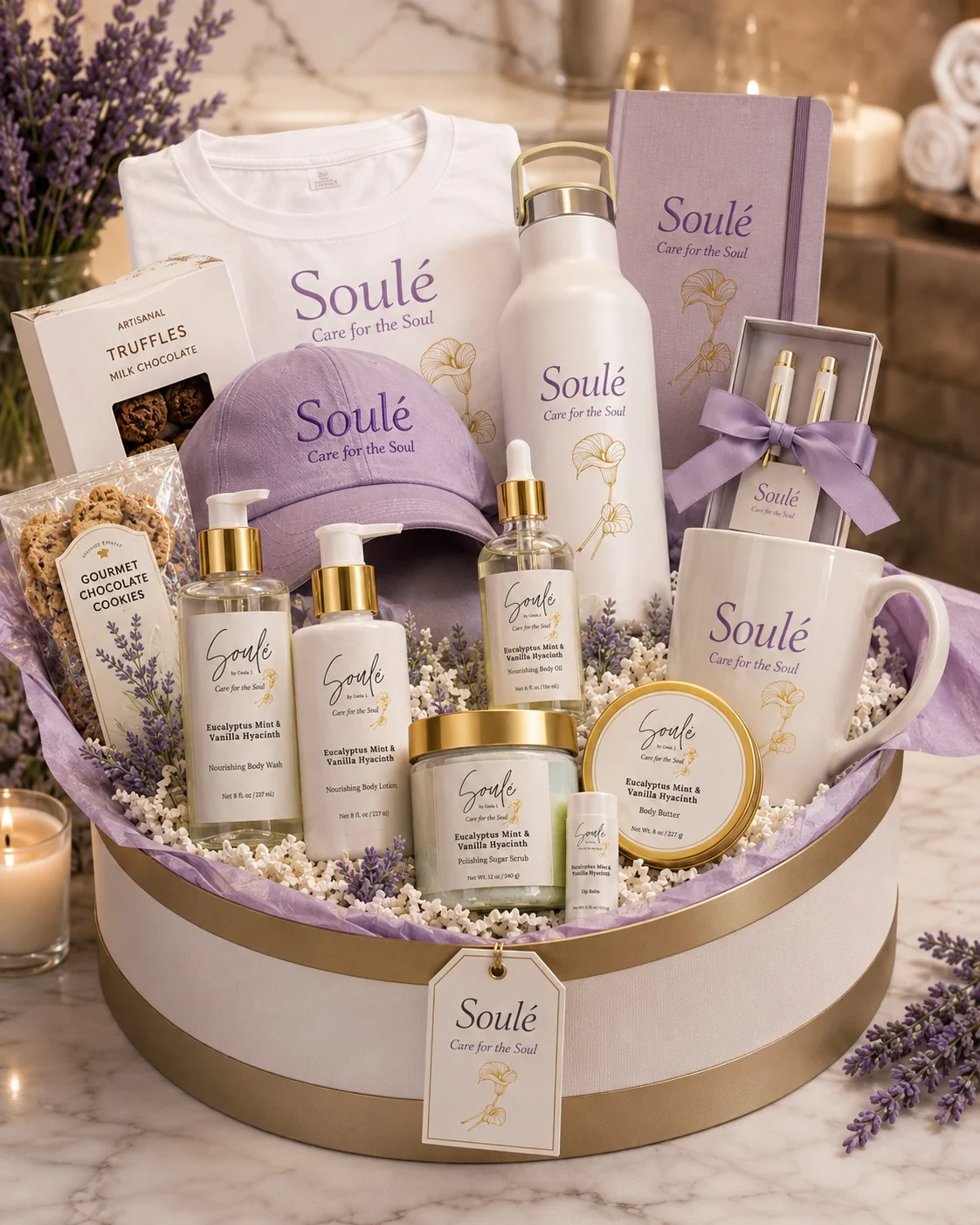 Customizable Soulé Host Gift Basket with the complete Eucalyptus Mint & Vanilla Hyacinth collection, branded cap, mug, t-shirt, journal, pen set, truffles and cookies, presented with lavender and baby's breath.