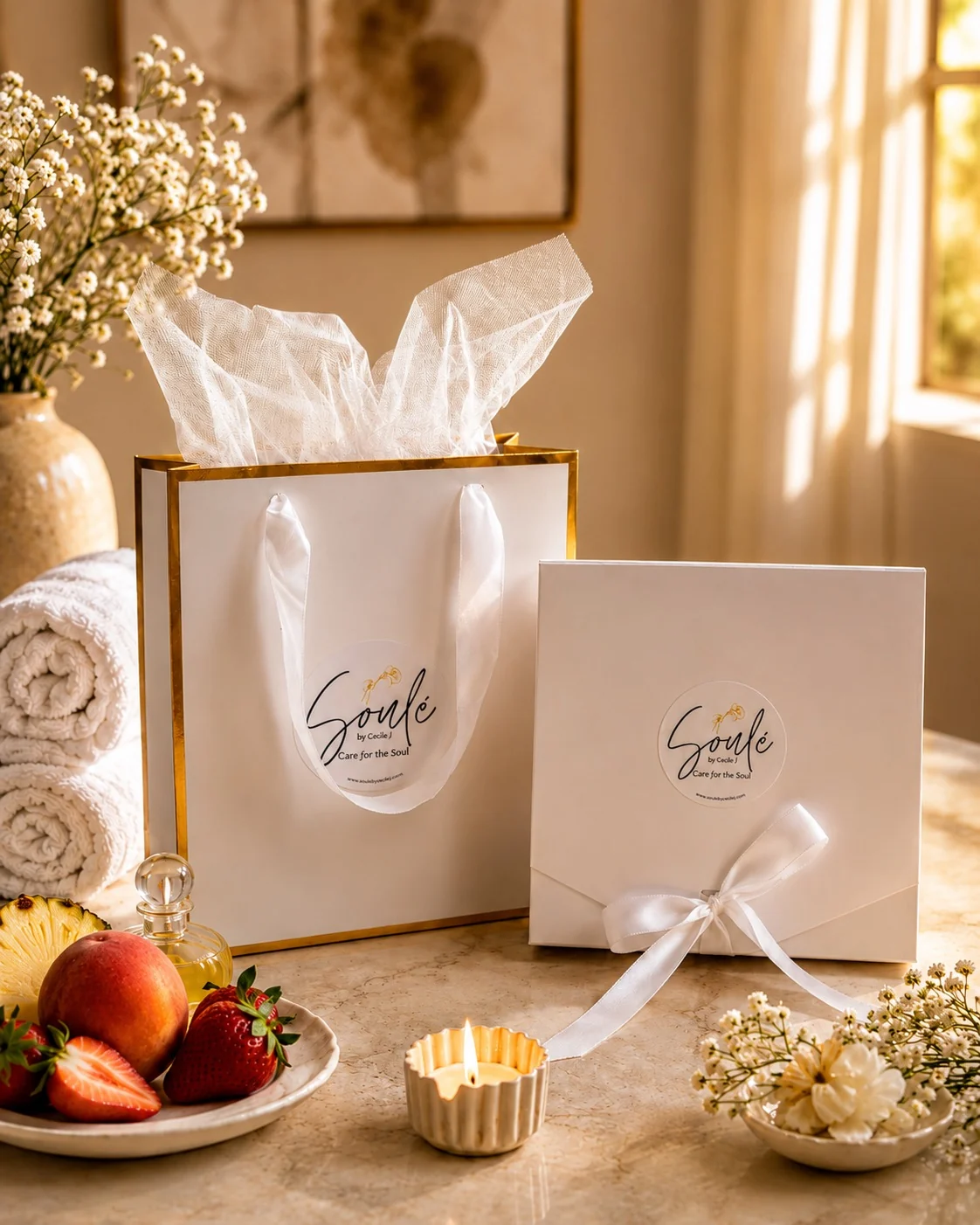 Soulé gift bag and ribboned presentation box arranged with fruit, flowers and candlelight.