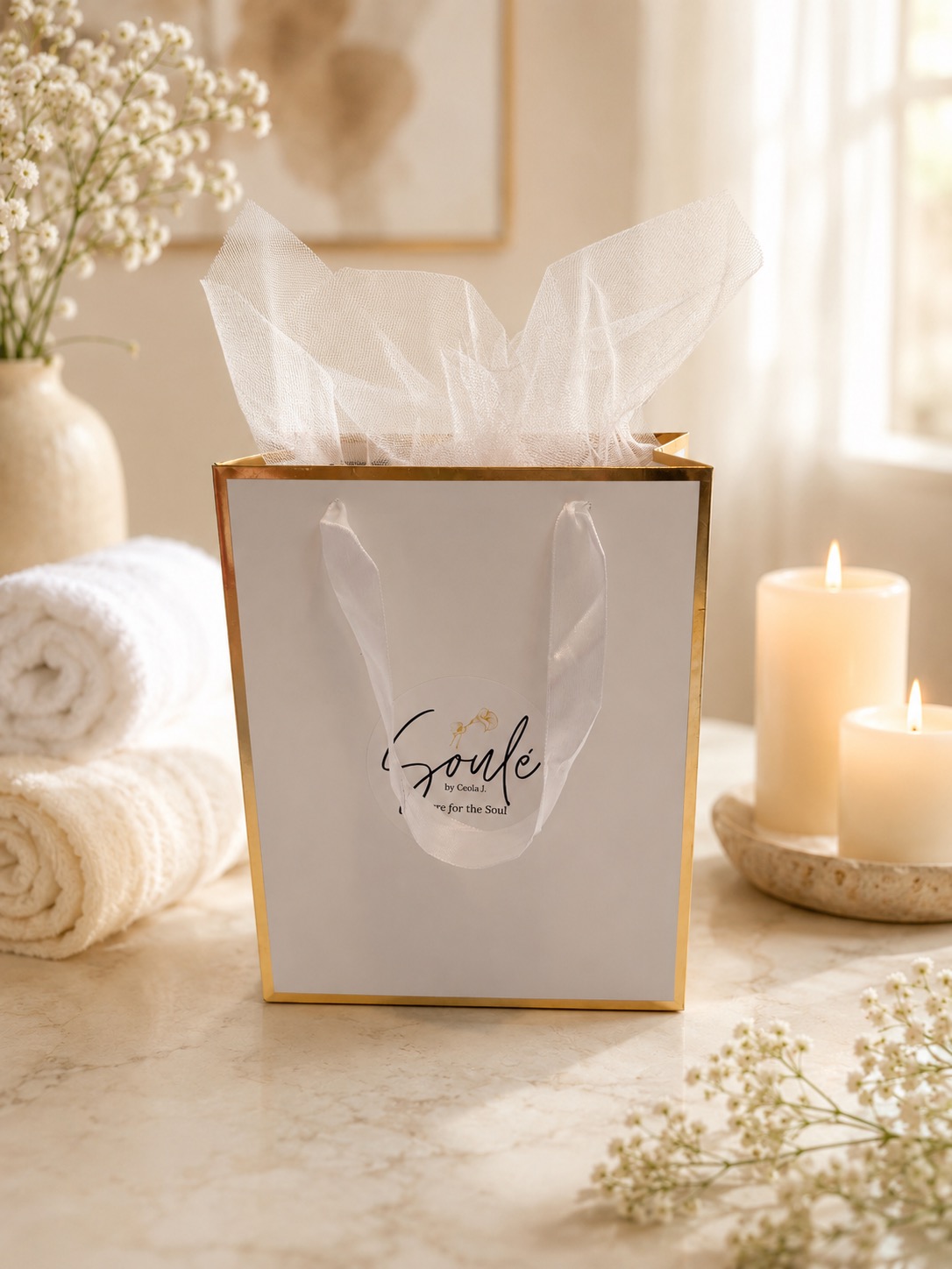 Soulé gift bag styled with rolled towels and candles