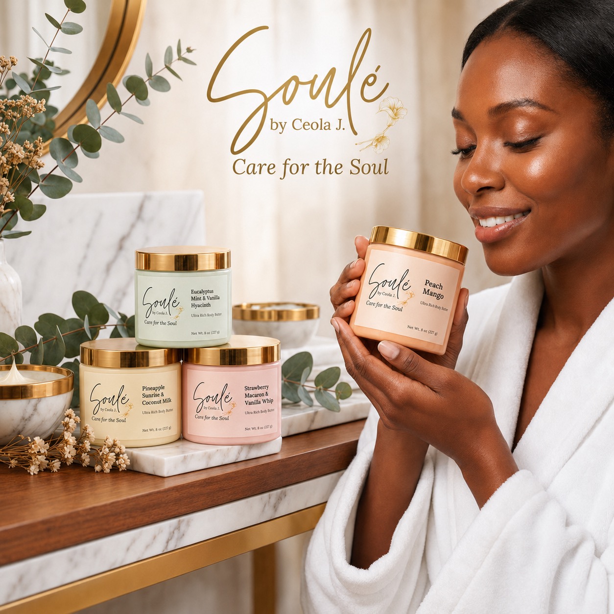 Woman in a robe holding a Soulé body butter jar beside the Soulé Care for the Soul collection