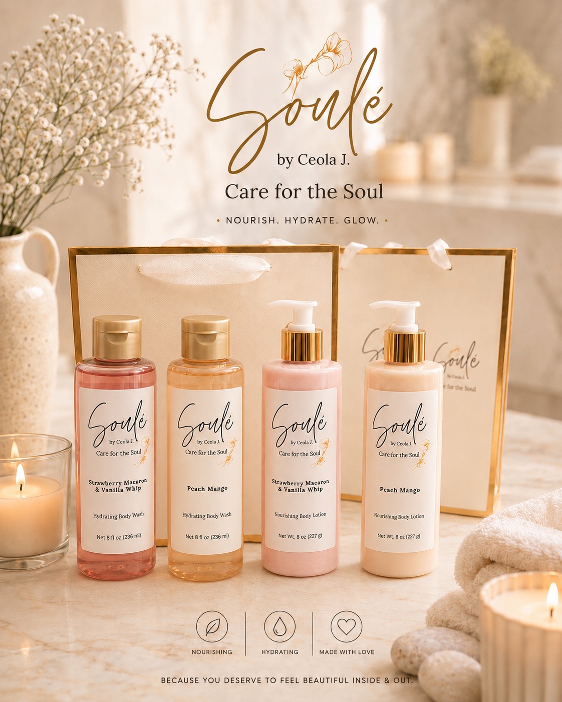Soulé body wash and body lotion bottles with gift packaging, styled with candles and towels