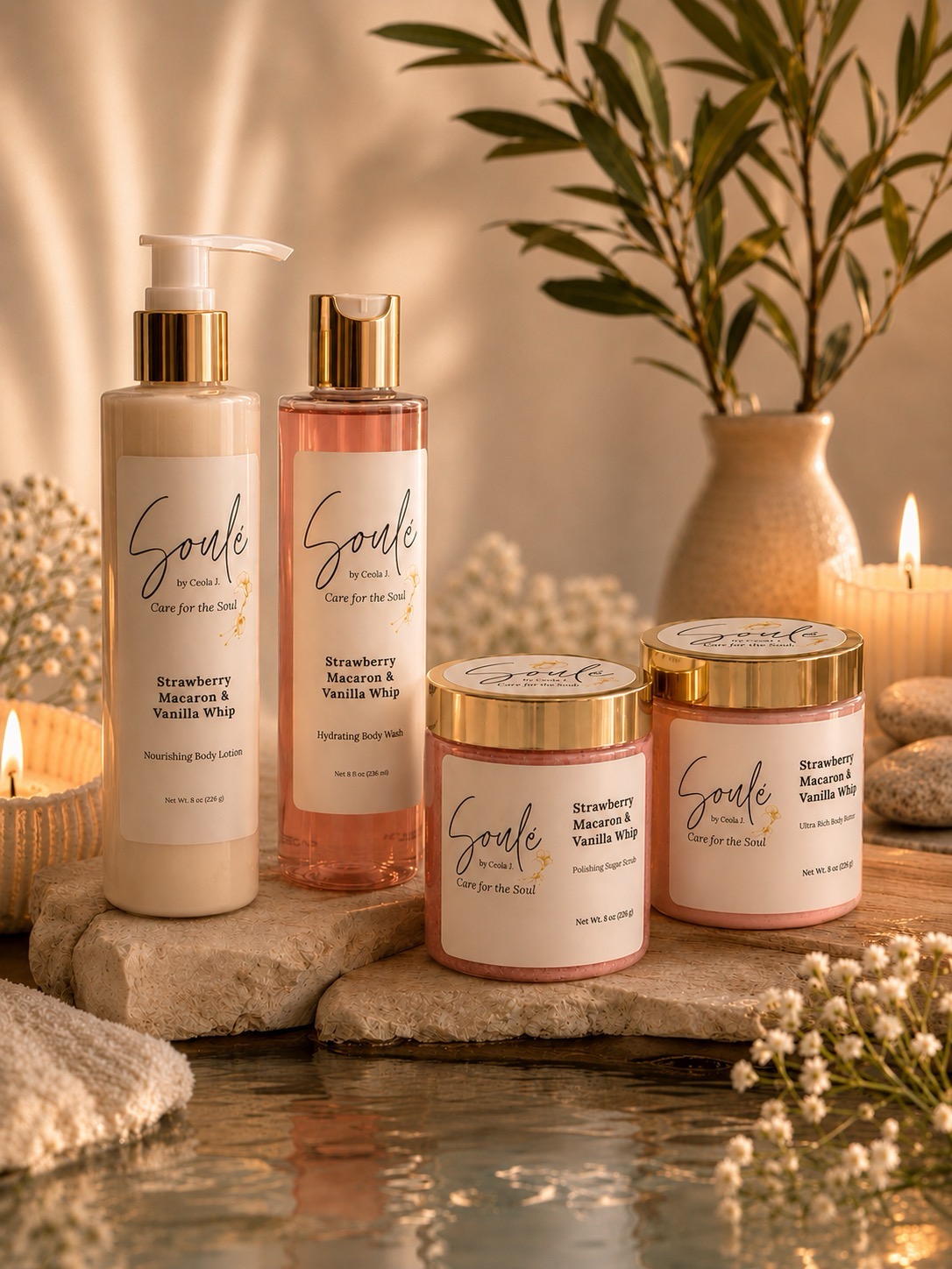 Soulé body lotion, body wash, body scrub, and body butter in Strawberry Macaron & Vanilla Whip